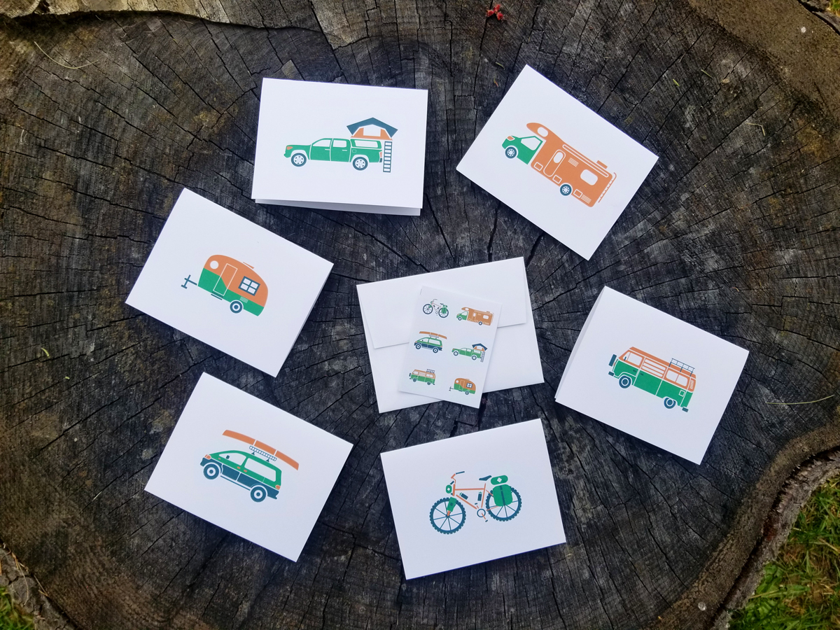 Adventure-mobile | Blank Greeting Card Set | 6 A2 Cards + Envelopes + Stickers
